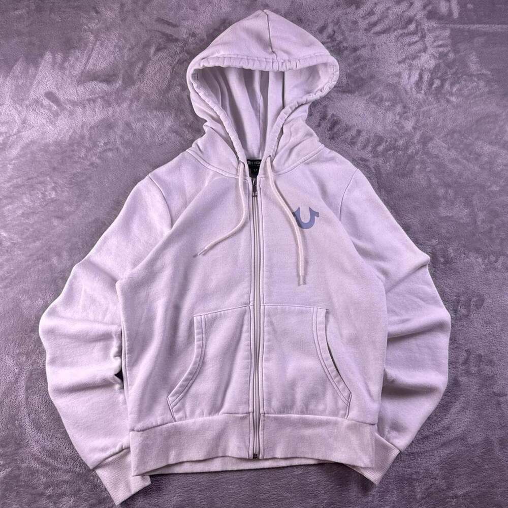 True Religion Womens White Full Zip Hoodie Big Logo Y2K Streetwear Sweatshirt m